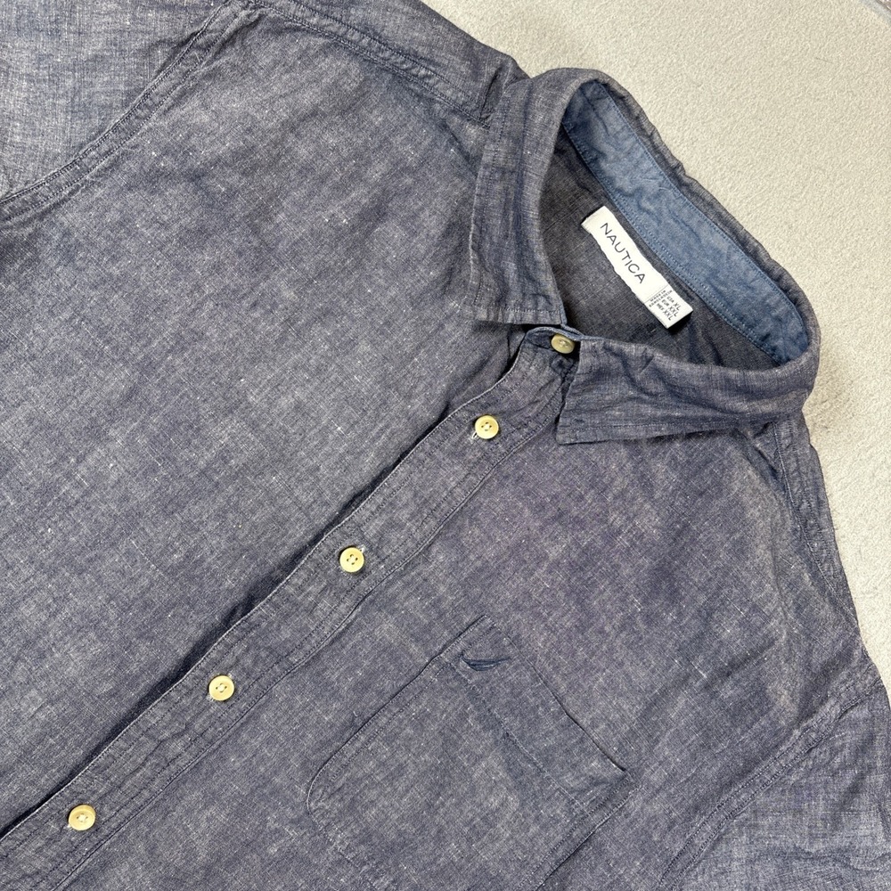 Nautica Men's Blue Short Sleeve Button Up Shirt XL Linen Blend Front Pocket